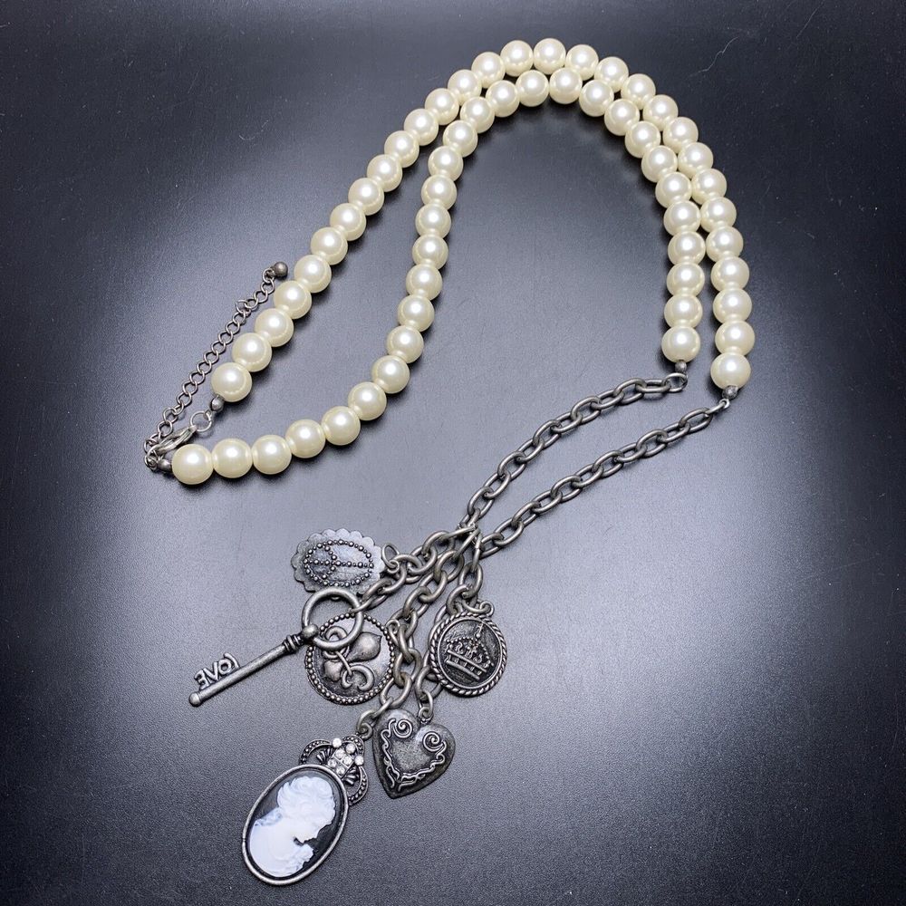 Faux Pearl Cameo Charm Pendant Necklace Antiqued Style Skeleton Key Fleur De Lis